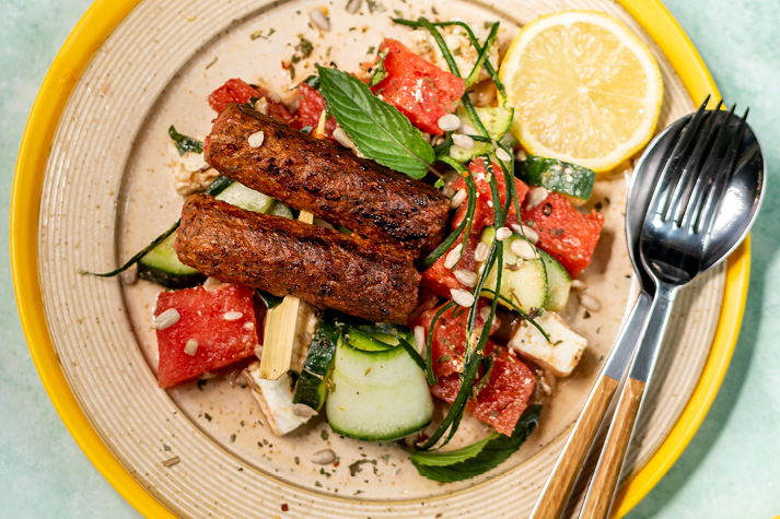 Feta-Melonensalat mit endori veggie cevapcici Feta-Melonensalat mit endori veggie cevapcici