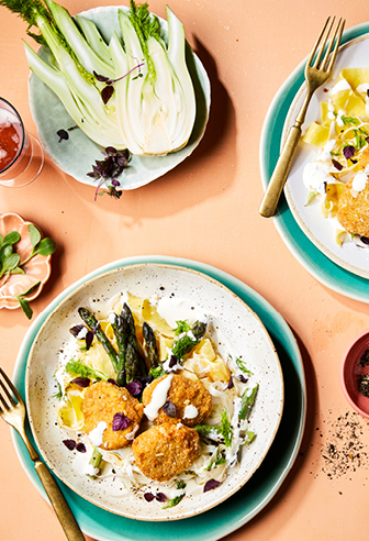 spargel-zitronen-pasta mit endori veganen Chicken Nuggets